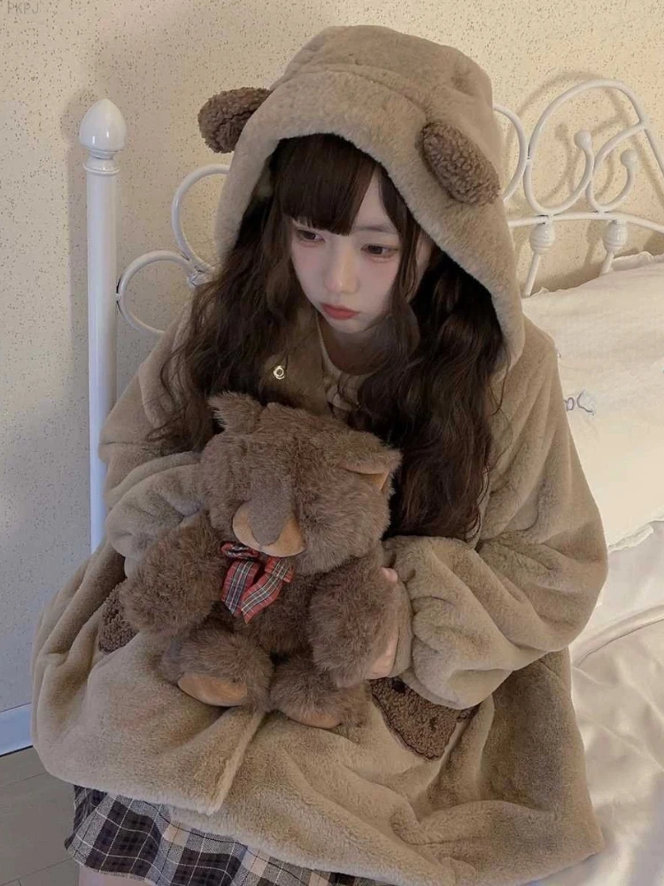 Brown Korea Kawaii Hooded Jackets Women Pocket Loose Sweet Lolita Wool Coat Female Long Sleeve Japanese Y2k Overcoat Warm Winter