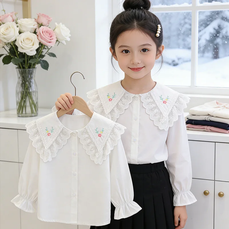 

Girls Shirts Spring 2026 Cotton Loose Children's Long Sleeve Sweet Embroidery Doll Collar Blouse for Kids Children Top Clothing