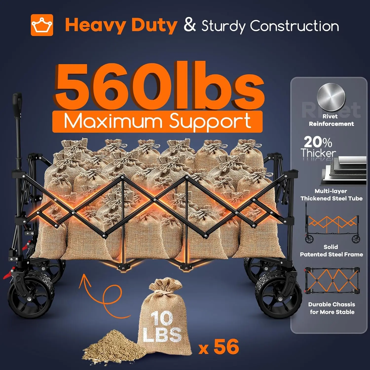 รถเข็นพับได้ขนาด 48 นิ้ว รับน้ำหนักได้ 560 ปอนด์ ล้อสำหรับทุกพื้นผิว เหมาะสำหรับชายหาด ตั้งแคมป์ และช้อปปิ้ง - สีดำ