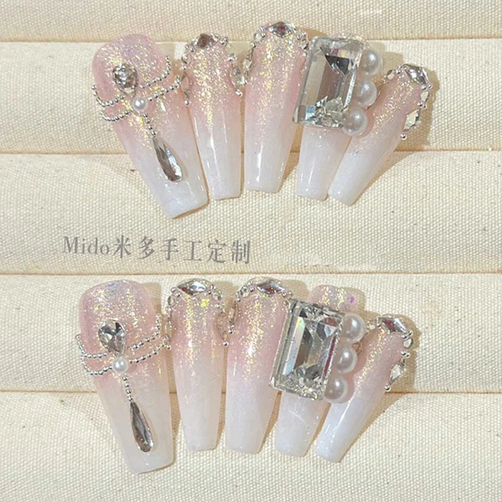 10Pcs Luxury Shiny Diamond Handmade False Nail Gradients Cat Eyes Hand-Painted Butterfly Flowers Long Stiletto Coffin Fake Nail