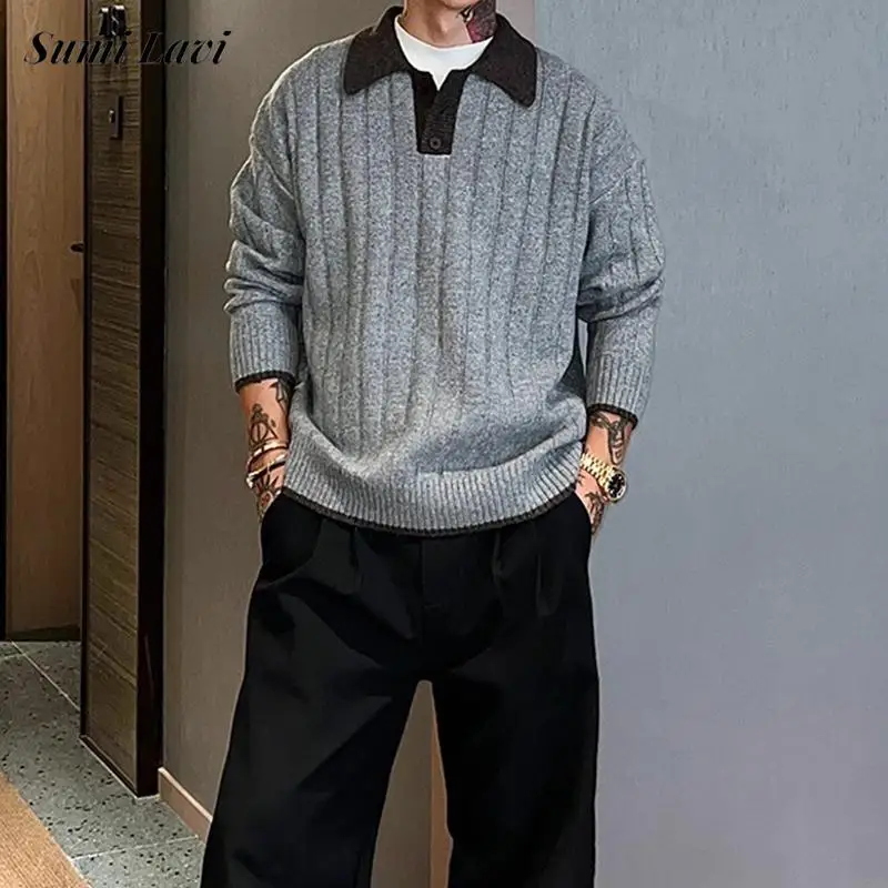 

Daily Casual Long Sleeve Mens Knit Polo Shirts Winter Vintage Contrast Color Patchwork Sweaters Men Spring Fashionable Sweater