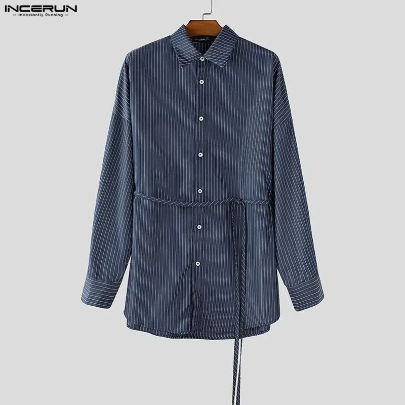 

INCERUN Men Striped Shirt Lapel Long Sleeve Button Men Clothing With Belt Streetwear Loose Tops Fashion Casual Long Style Shirts