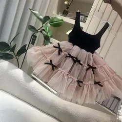 Girls 2024 Summer New Bow Dress Baby Girl Sleeveless Black Pink Princess Dress Toddler Girl Sweet Cute Clothes