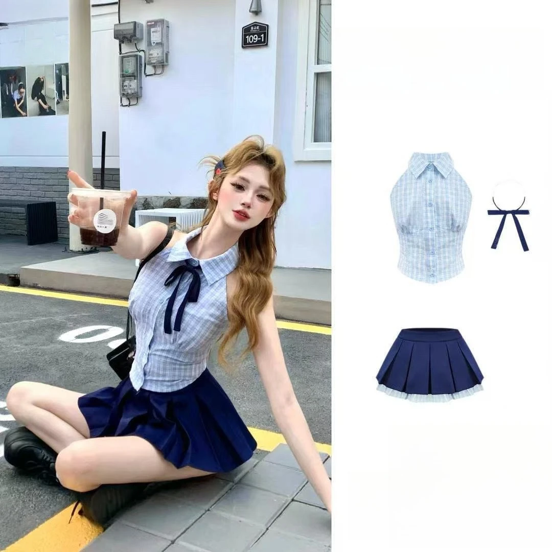 Summer Korean Kpop Preppy Style 2 Pieces Set Women 2000s Aesthetic Bow Plaid Tank Tops + High Waist A-line Mini Pleated Skirt
