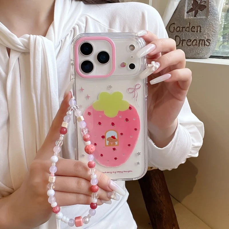 

Korean Cute Dog Pink Strawberry Phone Case For iPhone 17 Pro 16 15 14 Pro Max Cover with Chain Shockproof Cartoon Protective Cas