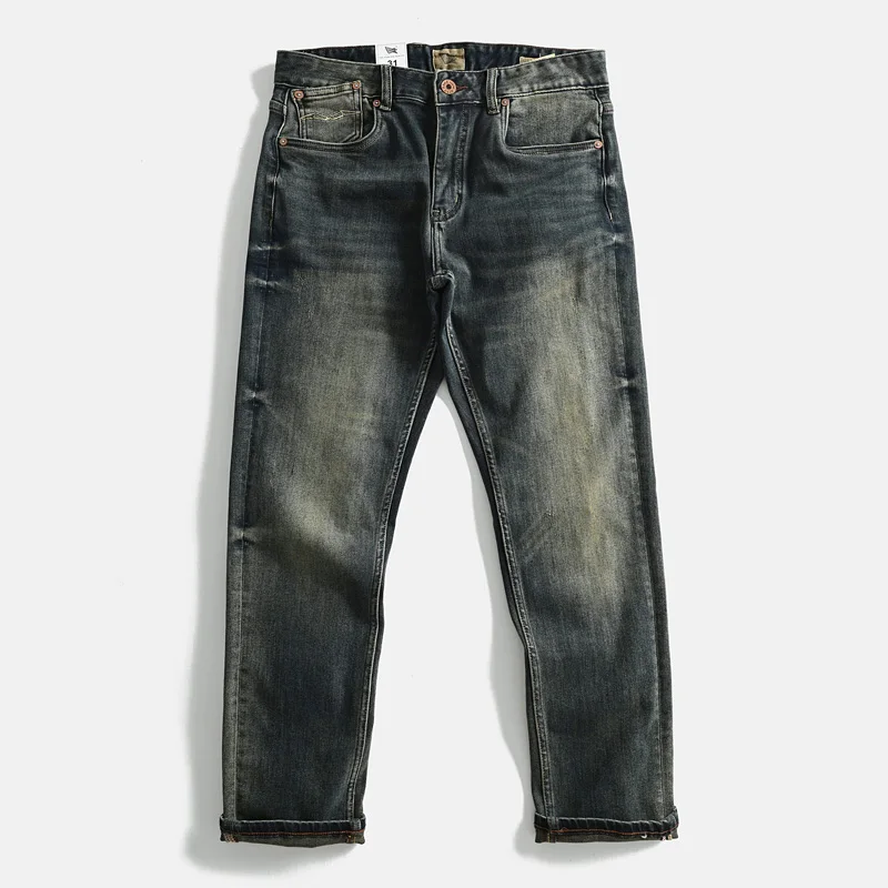 

Heavyweight Vintage Washed Jeans Japanese Relaxed Straight Fit Stretch Distressed Whisker Fading Fall Collection Autumn Casual