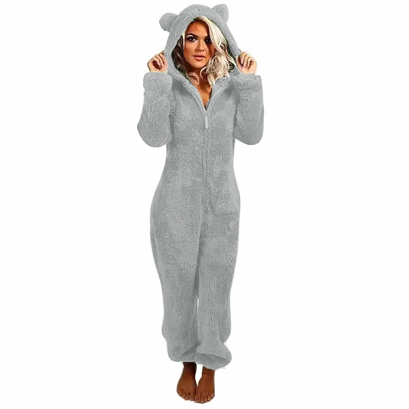 Mulheres Onesies Bonito Urso Pijama Supersoft Fofo Pijama Flanela Com Capuz Macacão Manga Longa Trajes de Pijamas