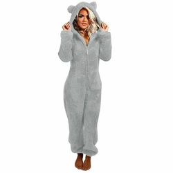 Women Onesies Cute Bear Pyjamas Supersoft Fluffy Pajamas Flannel Hooded Jumpsuit Long Sleeve Nightwear Costumes