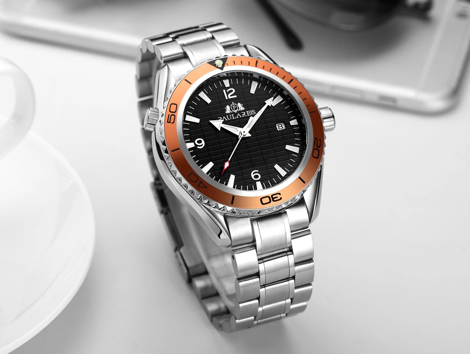 Automatic Self Wind Mechanical Stainless Steel Strap Simple Orange Blue Bezel  Date Business Men Watch