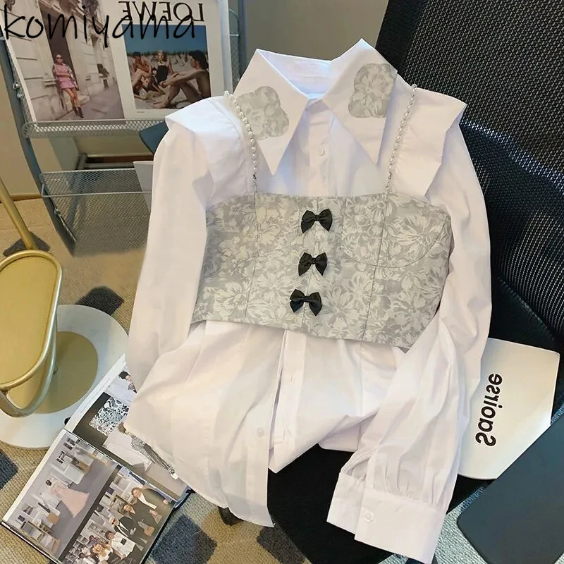 

Print Shirts & Blouses Long Sleeve Blusas Mujer 2025 Woman Clothing Loose Camisas All-match Tops Sweet Cute Beading Bow Vest