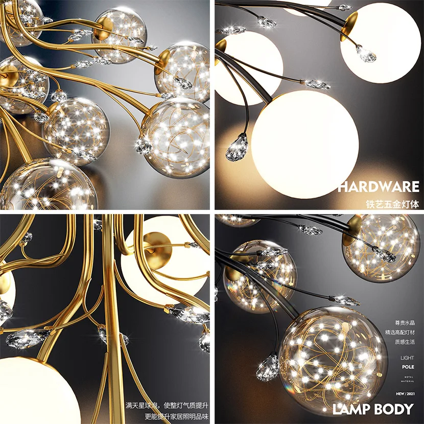 SANDYHA New LED Black Gold Chandeliers Clear Star Milk White Glass Ball Ceiling Lamp with Crystal Live Room Decor Pendant Lights