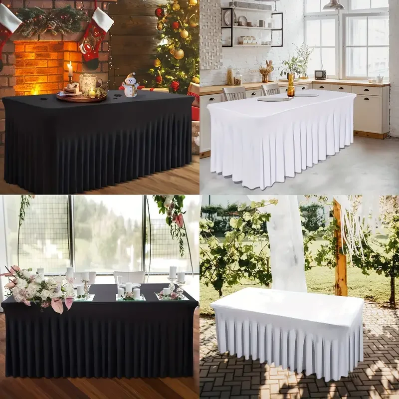 6ft, Rectangle Table Skirts, Polyester Fitted Table Covers, Black Table Cloth For 6 Ft Table With Skirt,Spandex Table Cover