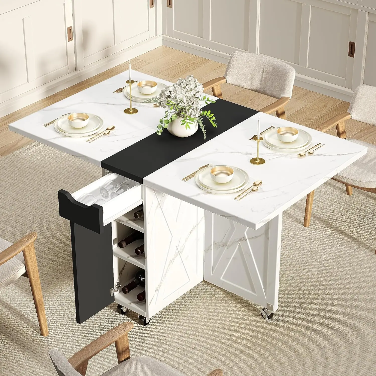 

Space Saving Folding Dining Table with Drawer,3-Tier Wine Cooler Storage and 2-Layer Metal Storage Rack-Extendable, Customized