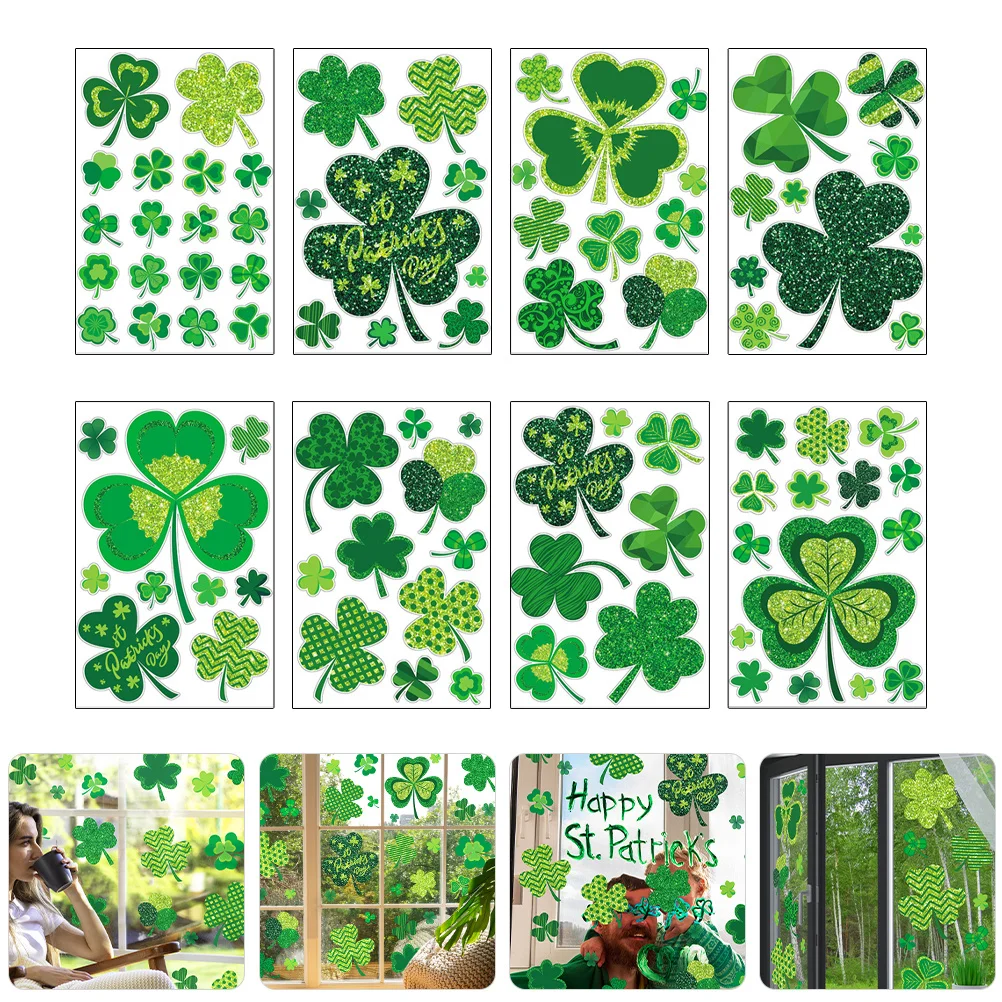 

8 Sheets St Patrick's Day Shamrock Static Stickers Easy Install Remove Residue Free PVC Material Home Party Decor