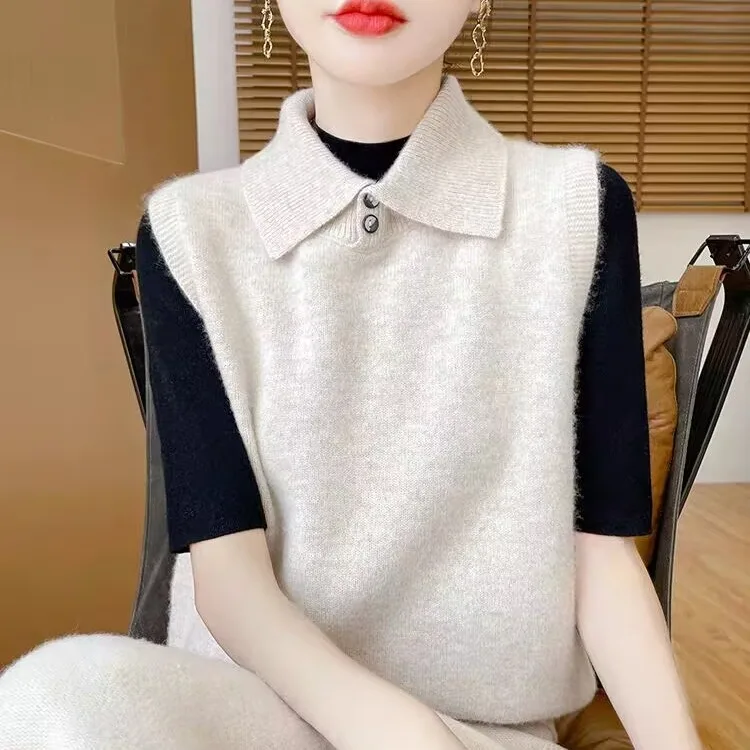 

Autumn Winter Women's Loose Woolen Knitted Vest Svel Collar Base irt Warm Soft Cotton Blend Regular Fit Inner Wear