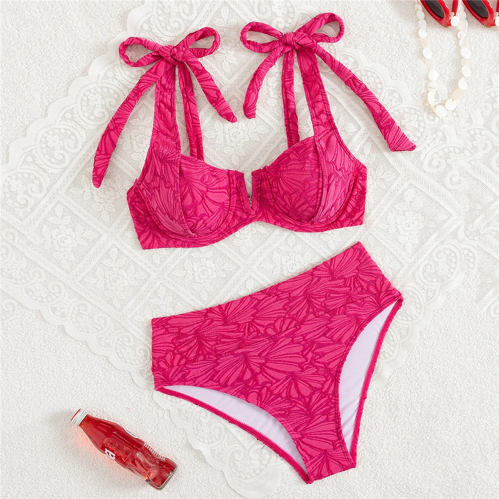 

Розово-красный цветок с тиснением, купальник с высокой талией, бикини с эффектом пуш-ап, сексуальный купальник для женщин, 2022, купальный костюм с завязками, комплект бикини Mujer