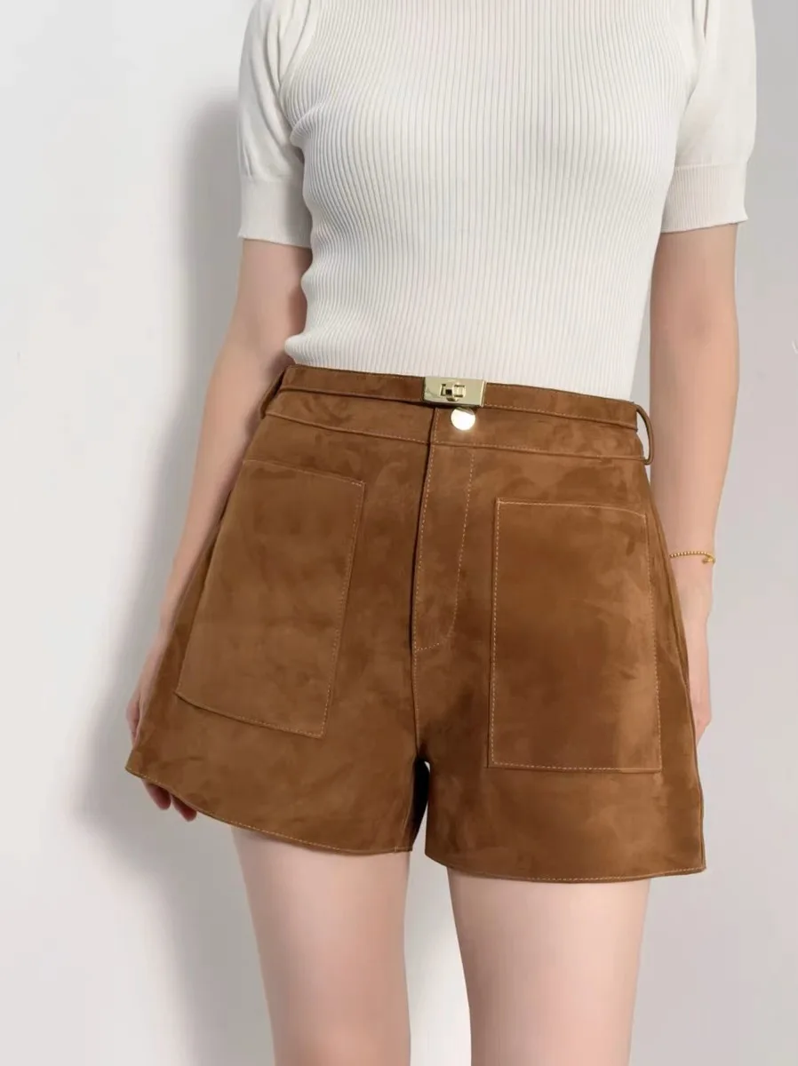 Mode rétro nouveauté 2025 véritable enfant daim peau de mouton Shorts en cuir femmes décontracté en cuir véritable Shorts ceintures