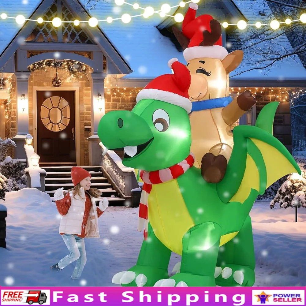 

8FT Holiday Inflatable Outdoor Decoration Reindeer Riding Dragon with LED Lights Christmas Blow Up Yard Decor