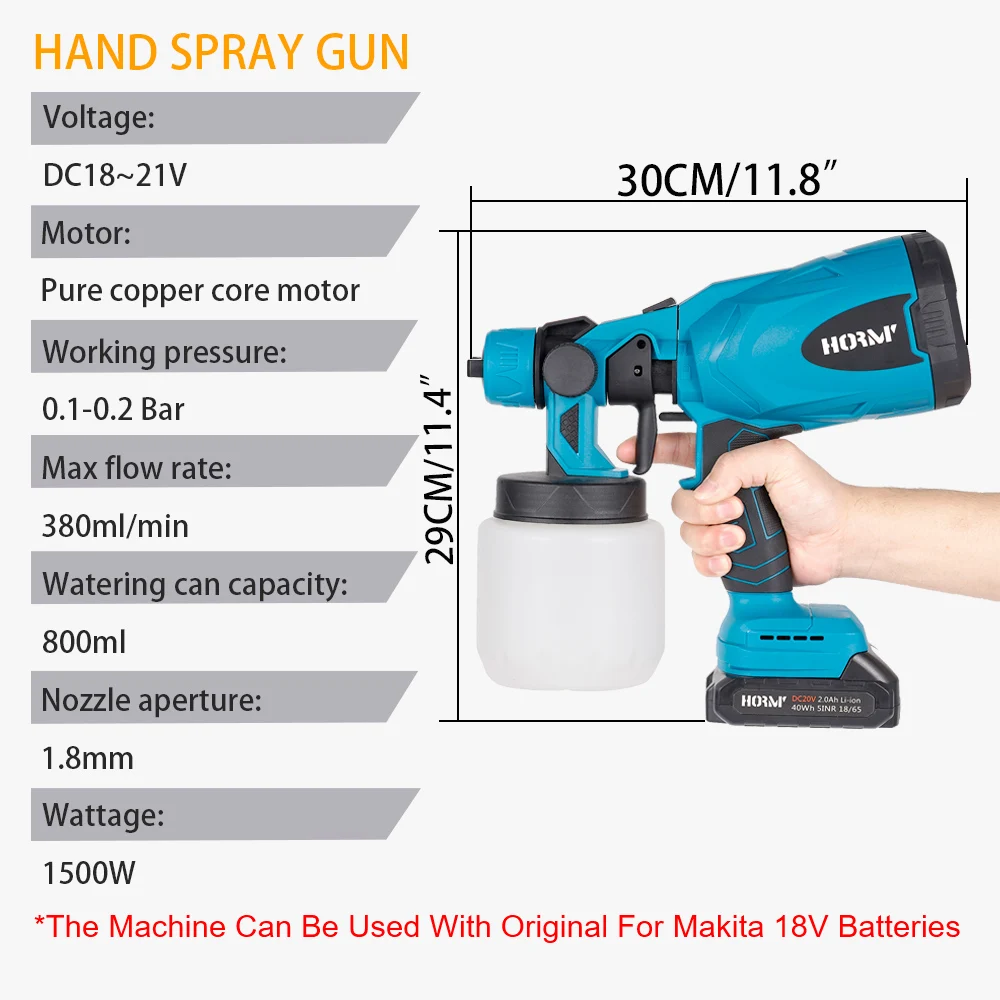 Hormy 800ml Cordless Spray Gun18V High Voltage Decoration Furniture Automotive Touch up Spray Gun For Makita 18V Lithium Battery