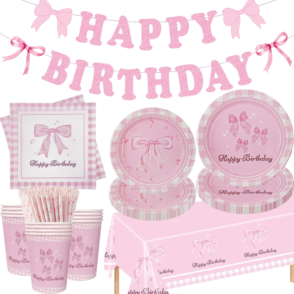 Pink Bow Birthday Party Supplies Tableware Napinks Plates Cups Tablecloth Banner Girls Pink Bow Theme Birthday Party Decorations