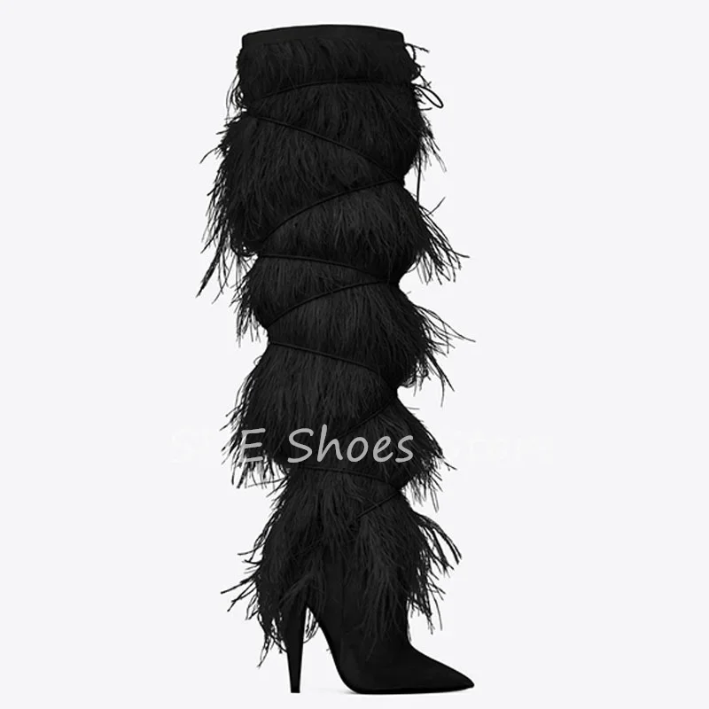 Fashion Catwalk Feather Tassel Women Over-The-Knee Boots Sexy Pointed Toe High Heel Banquet Long Boots Ladies Dress Shoes
