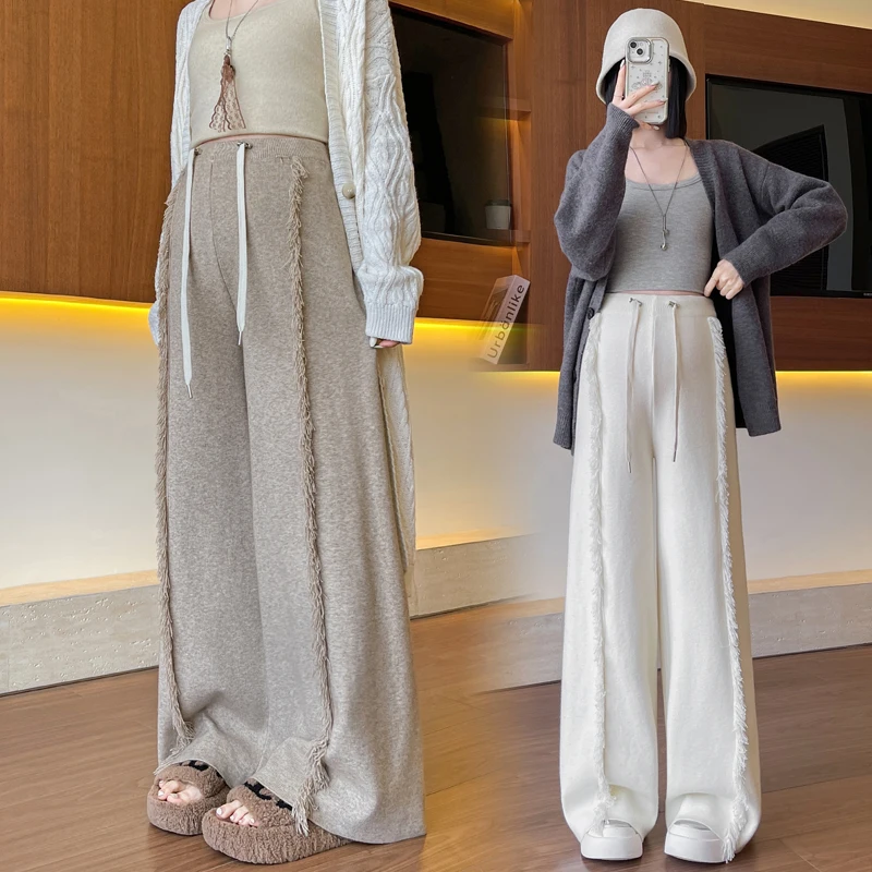 

Maternity Pants Autumn/Winter Knitted Fringe Straight Wide-Leg Trousers Casual Non-Waistband Floor-Length Trousers Pregnancy