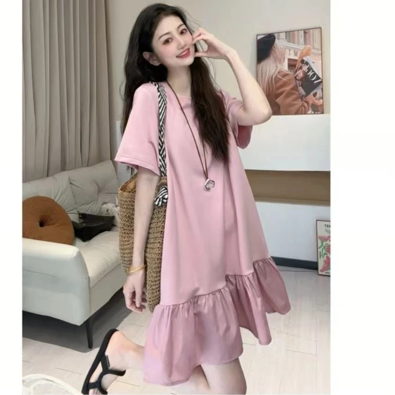 

Summer Short Sleeve Loose Simplicity Mini Dress O-neck Temperament Pleated Patchwork Vintage Dress Fashion Casual Women Clothing