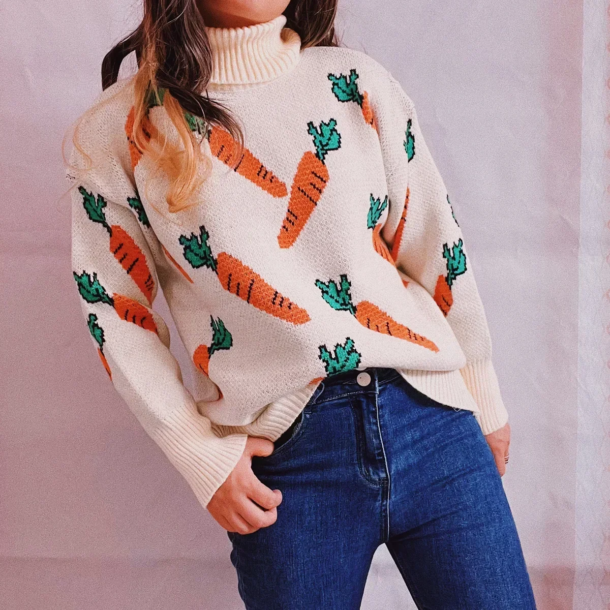 Women carrot sweater pullovers womens clothing Winter Autumn Turtle Neck Print Knitted Loose Tops one size knitwear jerseys