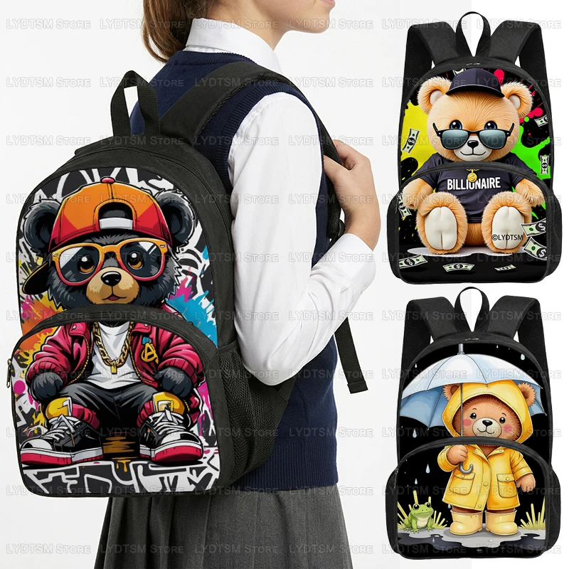 

Cute Cartoon Bear Graphic Printed Backpack Student School Bags for Teenager Women Men Hip Hop Shoulder Bag for Travel Bookbag