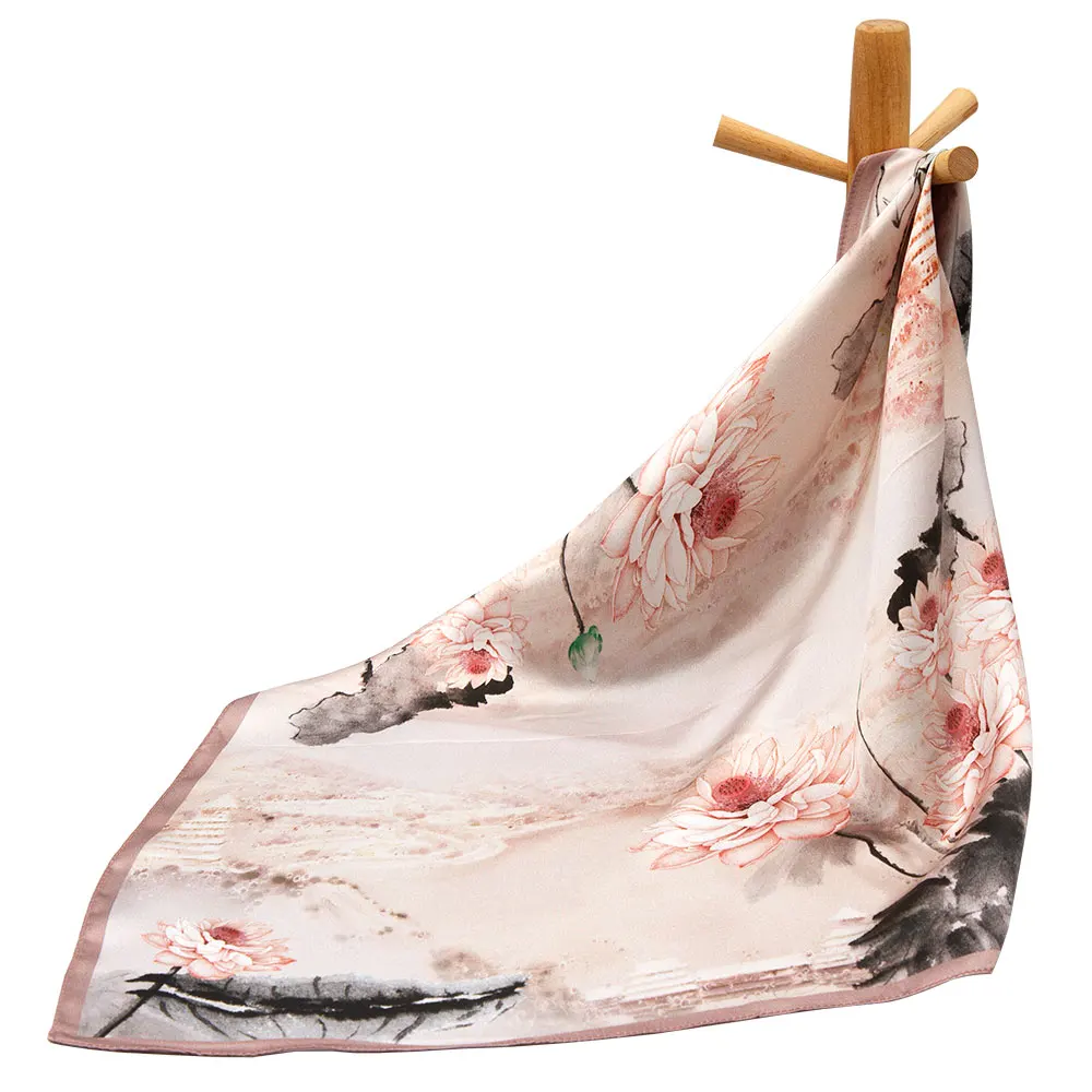 53cm 100% Natural Silk Luxury Woman Scarf Lotus Print Female Contemporary Square Elegant Designer Headscarf Gift for Colleagues