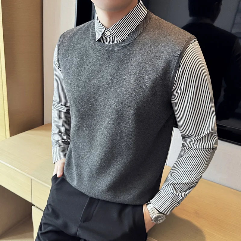 Winter Fashion Fake 2 Piece Striped Shirt Collar Sweater Men High Quality Business Splice Long Sleeved Slim Fit Knitted Pullover