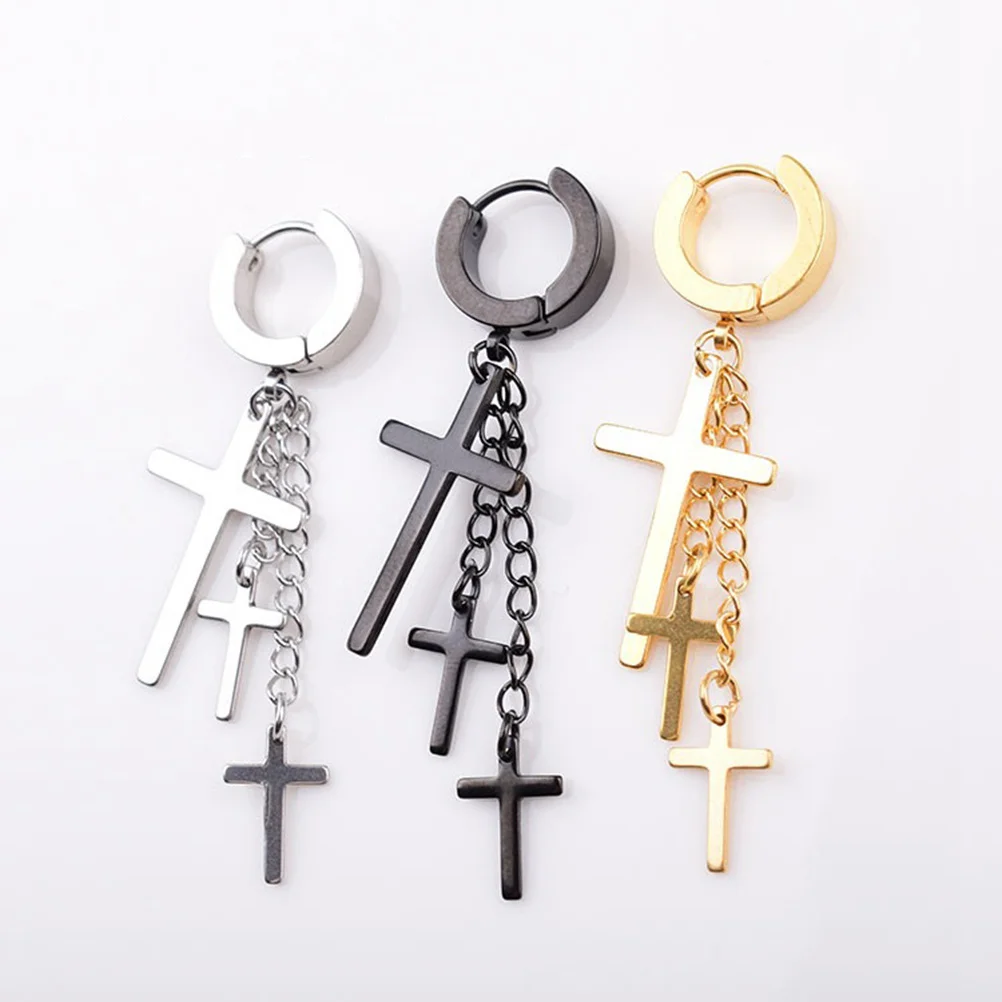 

6Pcs Mens Ear Buckles Stainless Steel Cross Stud Earrings High Gloss Dangle Punk Style Gift for Anniversary Grandma Sister