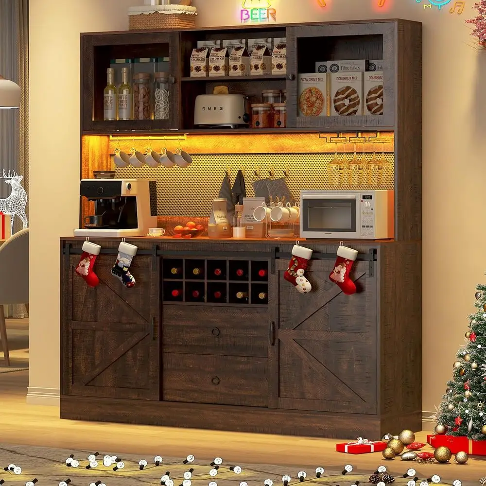 

Large 74 Coffee Bar with 63 Width, LED Lighting, Pegboard, Farmhouse Hutch, 6000 Colors, Barn Door, Drawers, Wine Rack, Hooks, B