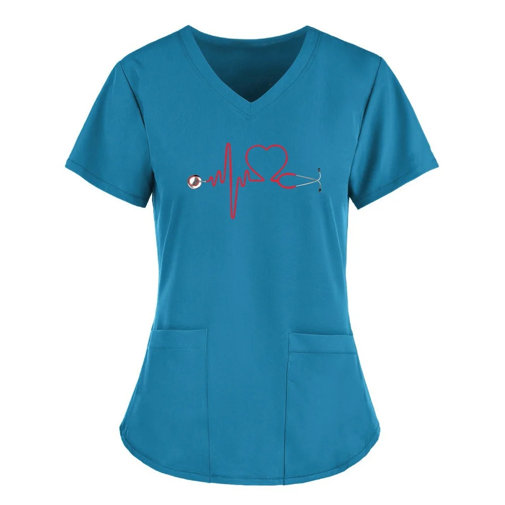 Solid Color Womens T Shirts Medical Nursing Uniform Stretch V-Neck Short Sleeve T-shirt Tops With Pocket Women's Clothing