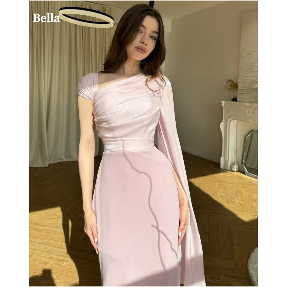 Bella Customized Pink Slanted Shoulders Frenulum robes de soirée Pearl Chiffon Evening Dresses One Shoulder Wedding Dress 2024