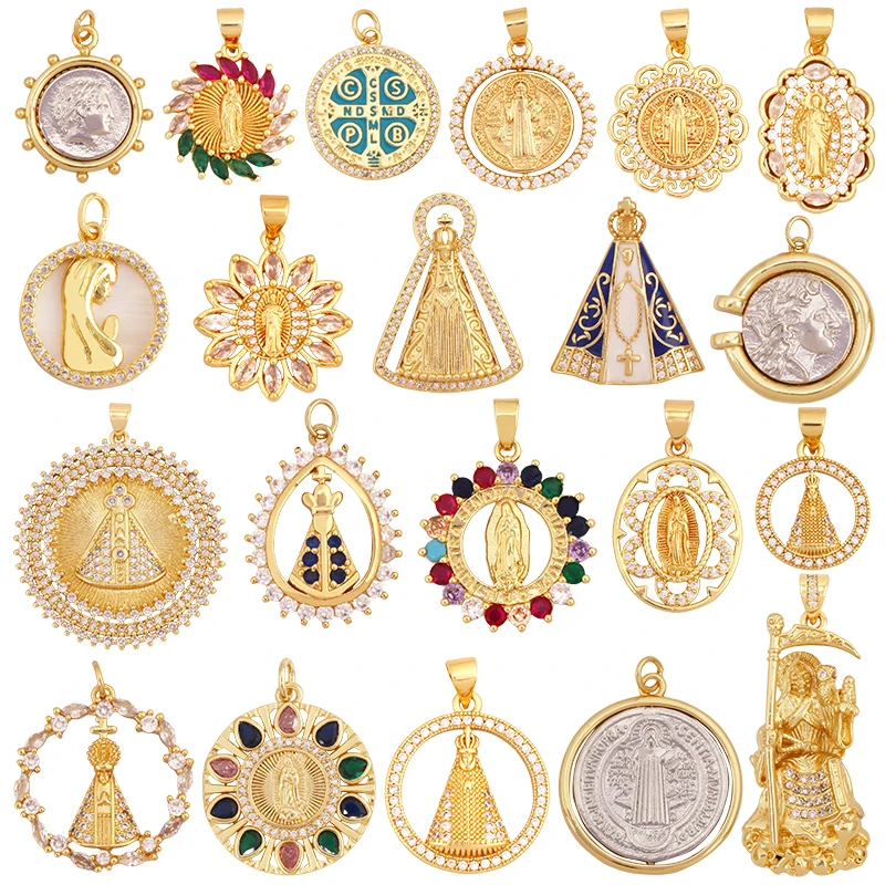Religious Stye Jesus Virgin Mary Charm Geometry Pendant,Holy Real 18K Gold Inlaid Cubic Zirconia Jewelry Necklace Supplies S12