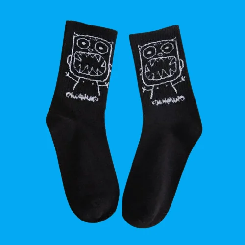 Calcetines largos de algodón con dibujos animados para hombre y mujer, medias divertidas de estilo Hip hop, con expresión minimalista, en blanco y negro, 5/10 pares