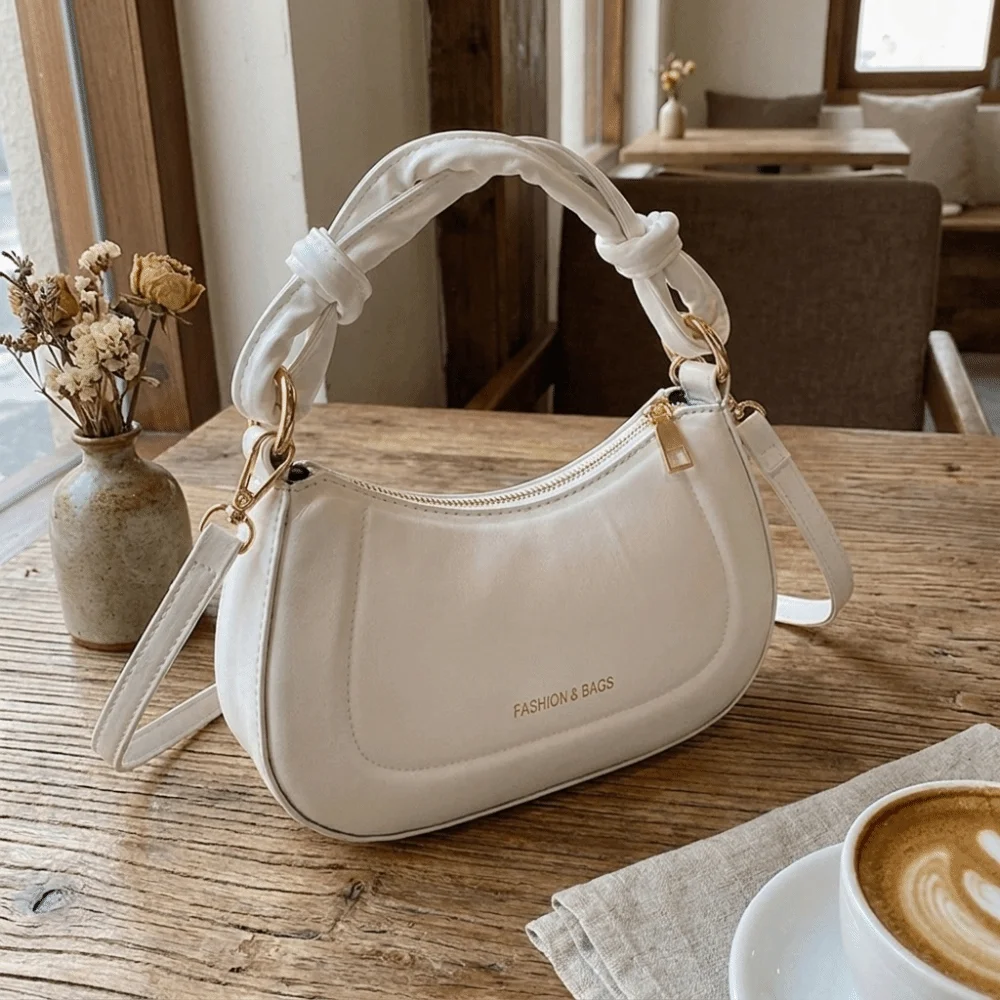 PU Knotted Handle Crossbody Bag Polyester Lining Pleated Shoulder Bag Zipper Closure Solid Color Underarm Bag Daily Use