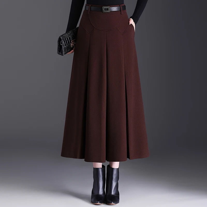 

Утепленная шерстяная плиссированная юбка с высокой талией для женщин, новая коллекция осень-зима 2025, универсальная, стройнящая, длинная, А-силуэт, для офиса и повседневной носки
