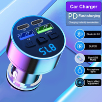 Bluetooth Car Kit Multifunctional Dual USB PD Car Charger Fast Charging MP3 Player with Voltage Display Atmosphere Lamp Adapters