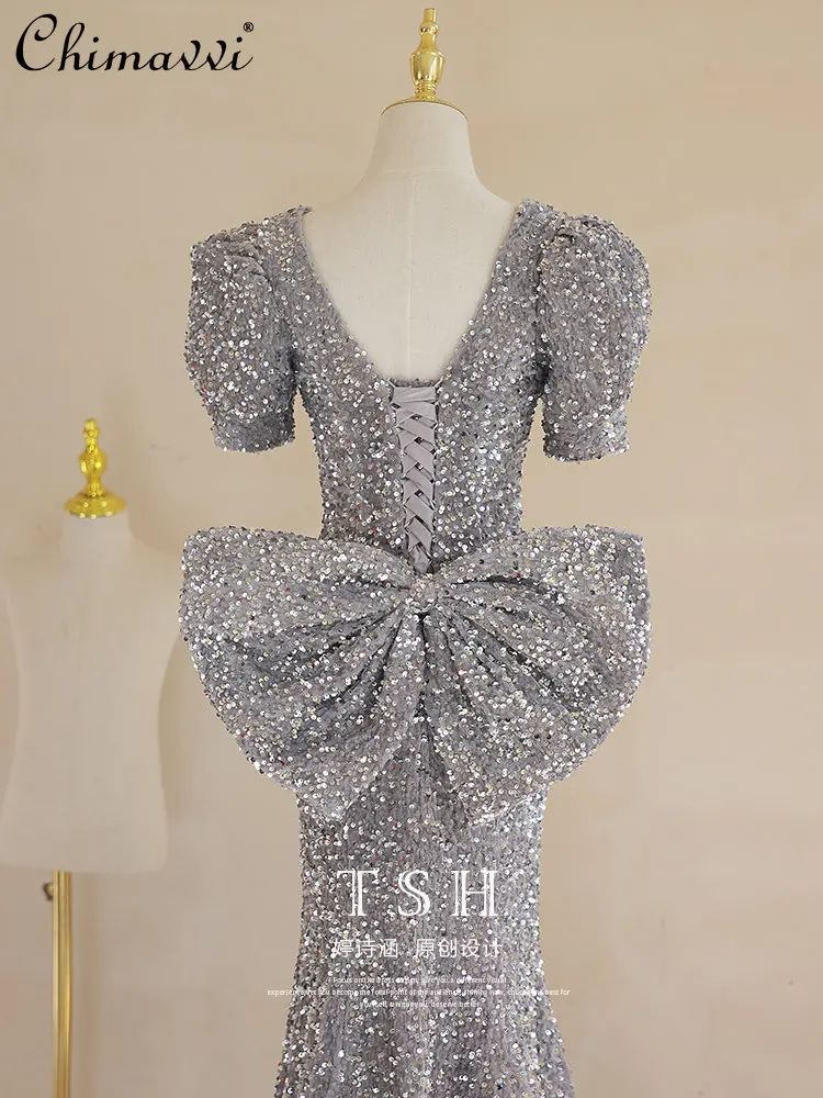 

High-End Bow Meeting Dress for Women 2023 New Light Luxury Minority Sequins Temperament Socialite Host Fishtail Dress Female