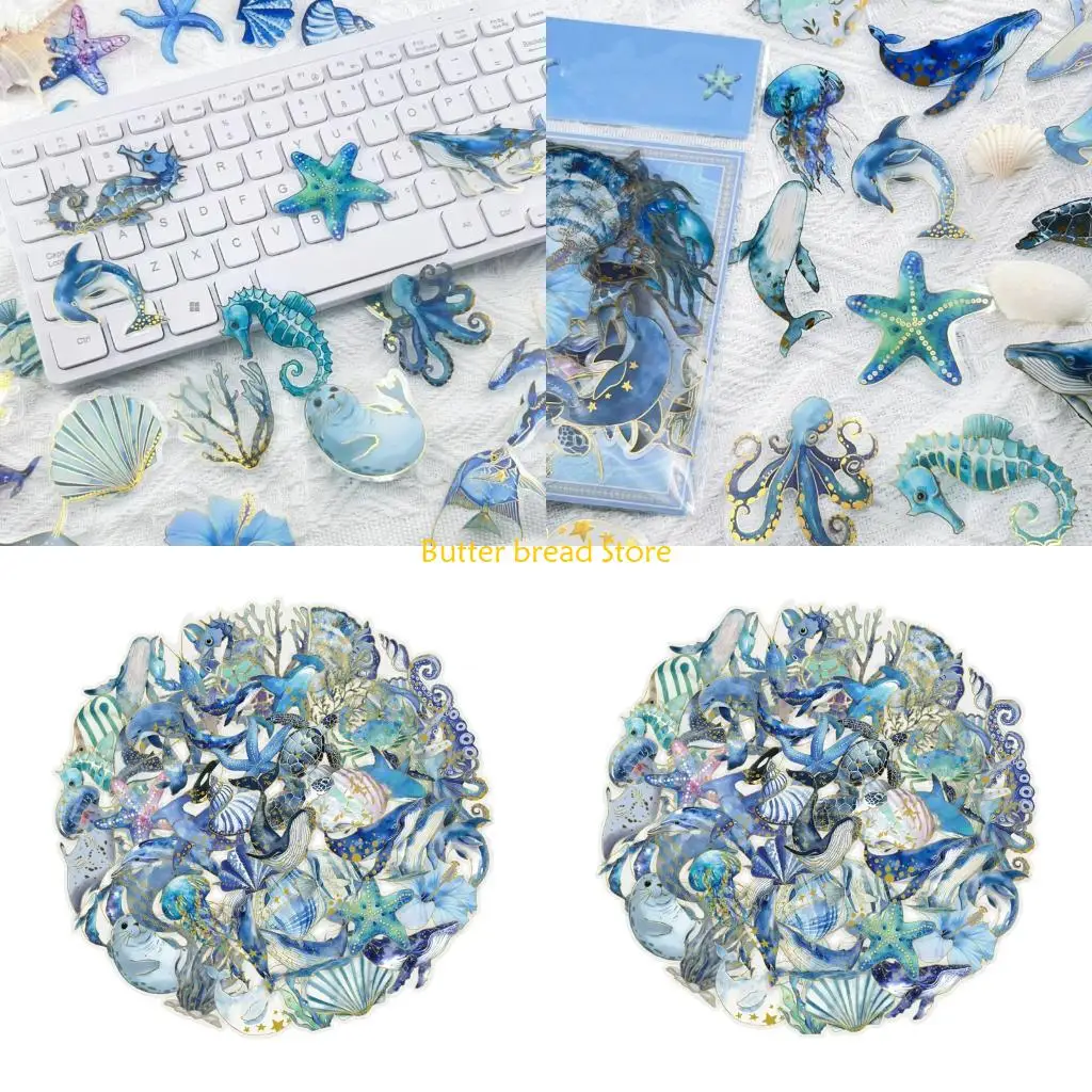 

W89C 50Pcs Gold Foil Sea Creature Sticker Waterproof Clear PET Sticker For Scrapbook