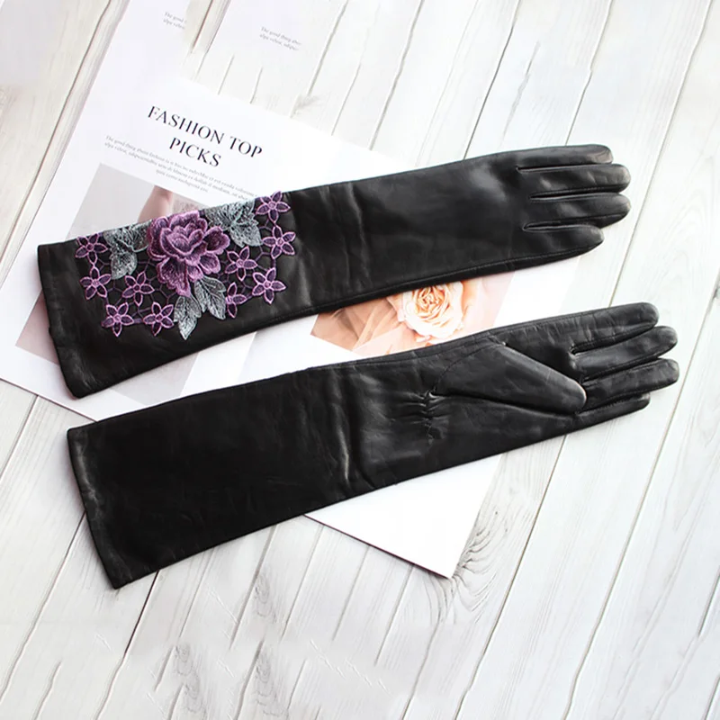 High Quality Imported Goat Leather Long Gloves Women Fashion Embroidered Pattern Winter Warm Velvet Lining Black Sleeves