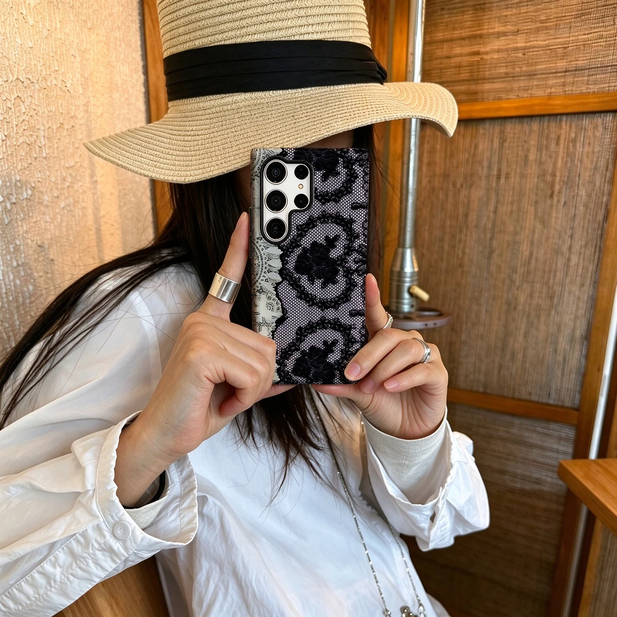 Pink Black Lace Floral Hard Shock-Absorption Phone Case For Samsung Galaxy S26 S25 Ultra S24 S23 Plus 2-in-1 Protective Cover