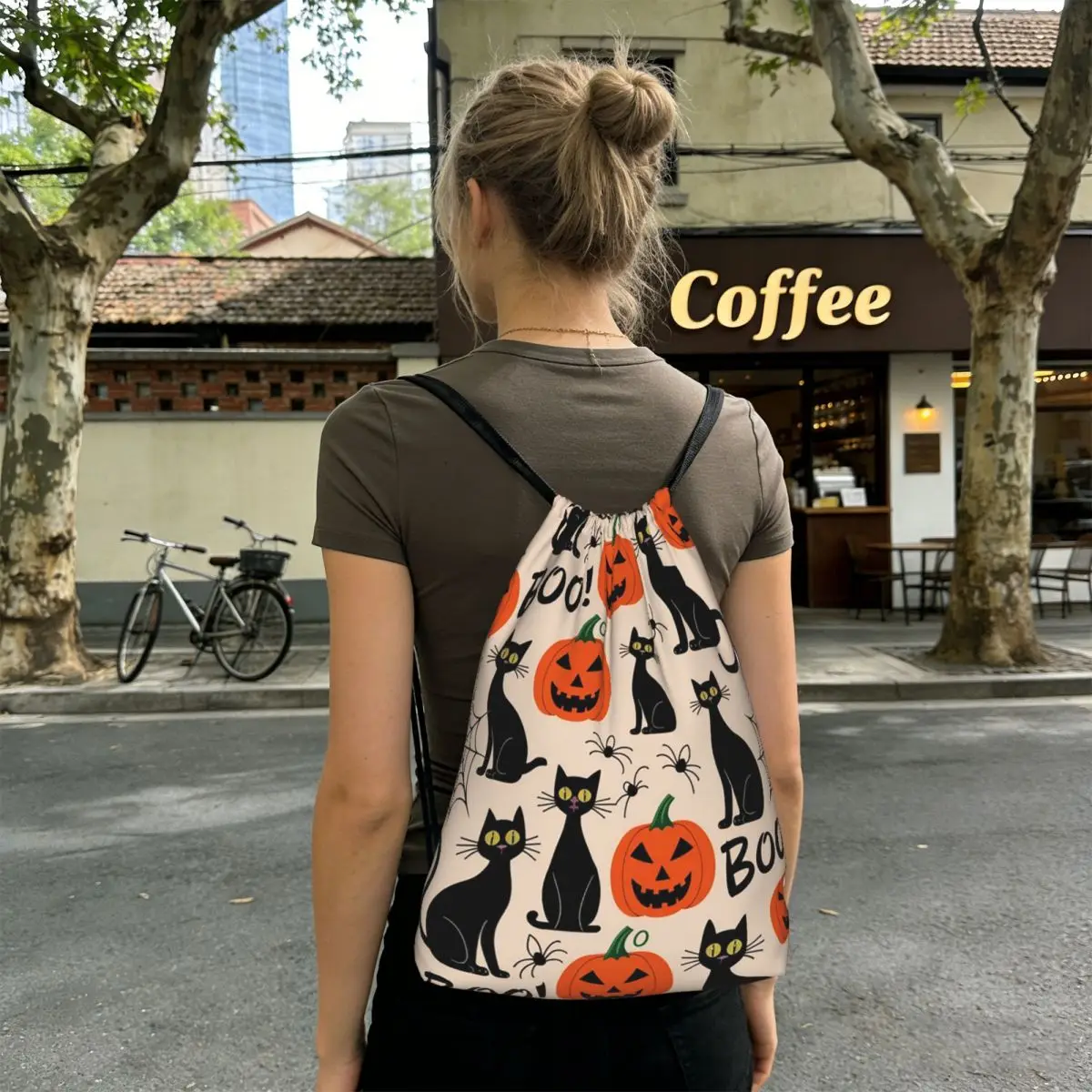 Cat Pumpkin And Spider Web Halloween Backpacks Fashion Drawstring Bags Sports Bag Book Bags for Travel School