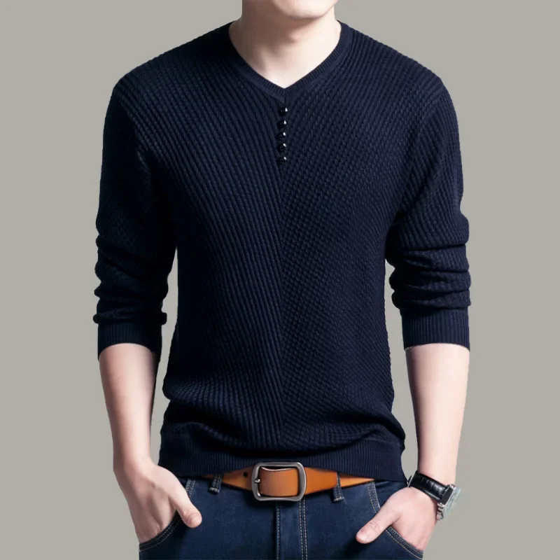 TFETTERS-pulôver masculino casual com decote em v, suéter fino, manga comprida, camisa de malha, primavera, outono, 2022