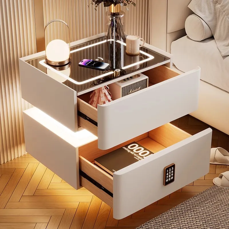 

40cm Smart Nightstand with Compact Lockable Solid Wood Bedside Table, Sensor Light, Modern Style Storage Cabinet for Bedroom