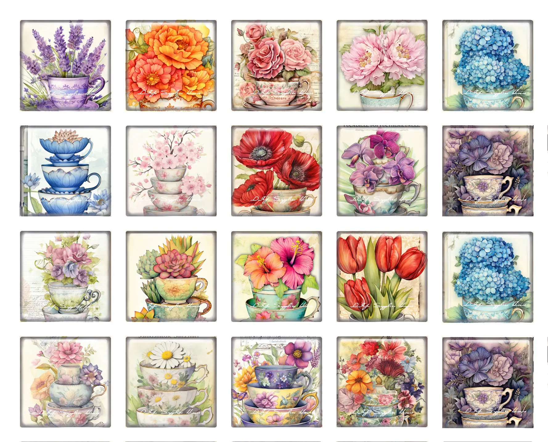 커피 컵 찻잔 수국 꽃 사각형 사진 유리 카보숑 플랫백 데모 플랫 백 카메오, DIY 주얼리 제작용, 로트당 10 개