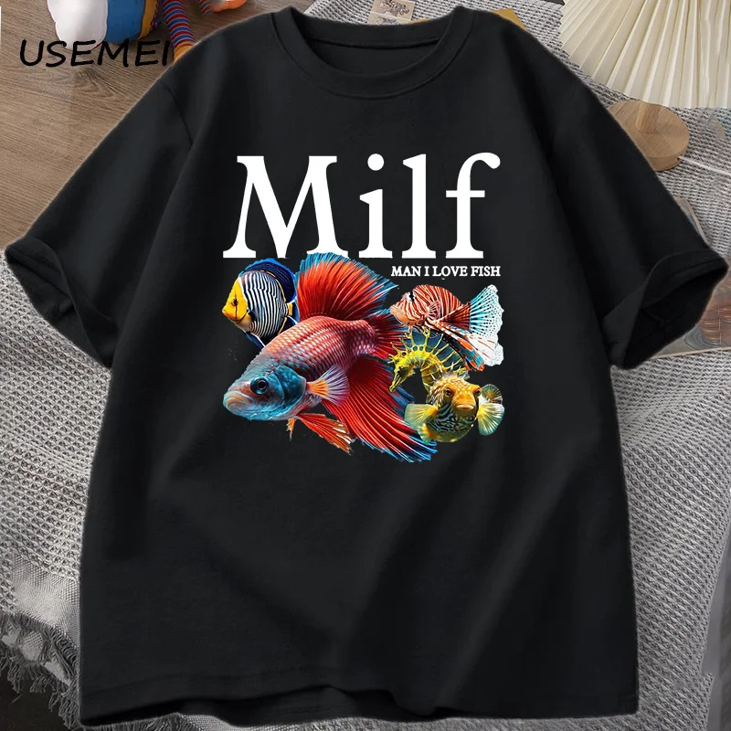 Man I Love Fish MILF TShirt Funny Fish Lover T-Shirt Men Fisherman Cotton Men's T-Shirt Harajuku Street Top Fitness Streetwear