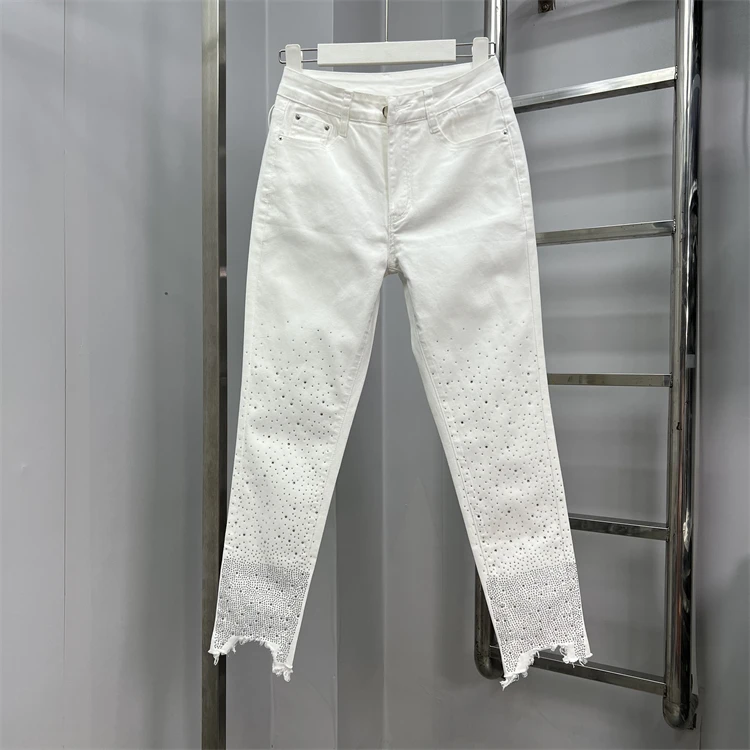 Shiny Diamonds Tassel Pencil Pants for Women New Spring Summer Stretch Tight Ankle-length Jeans High Waist Denim Trousers 2024